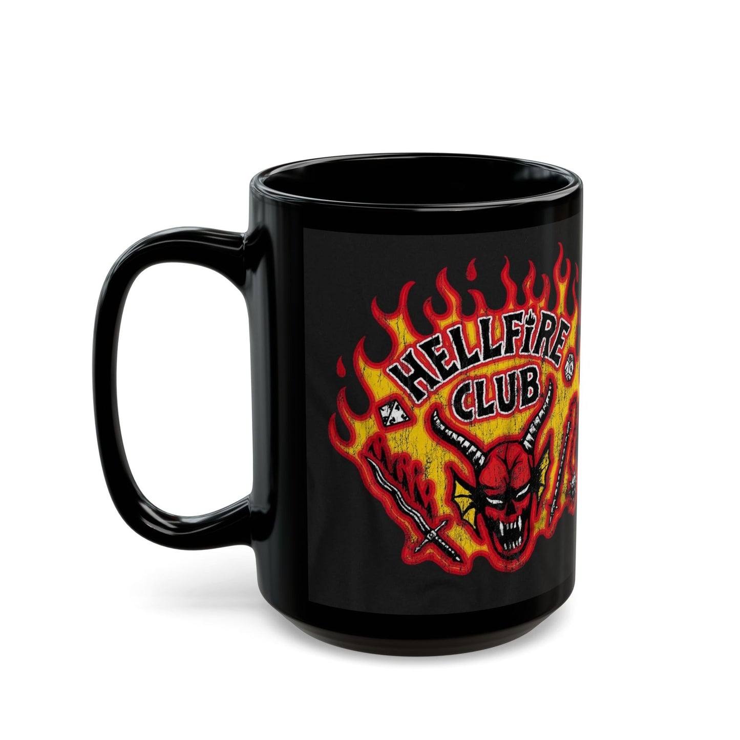 Hellfire Club Black Mug — Flaming Demon Skull Coffee Cup (11oz & 15oz)