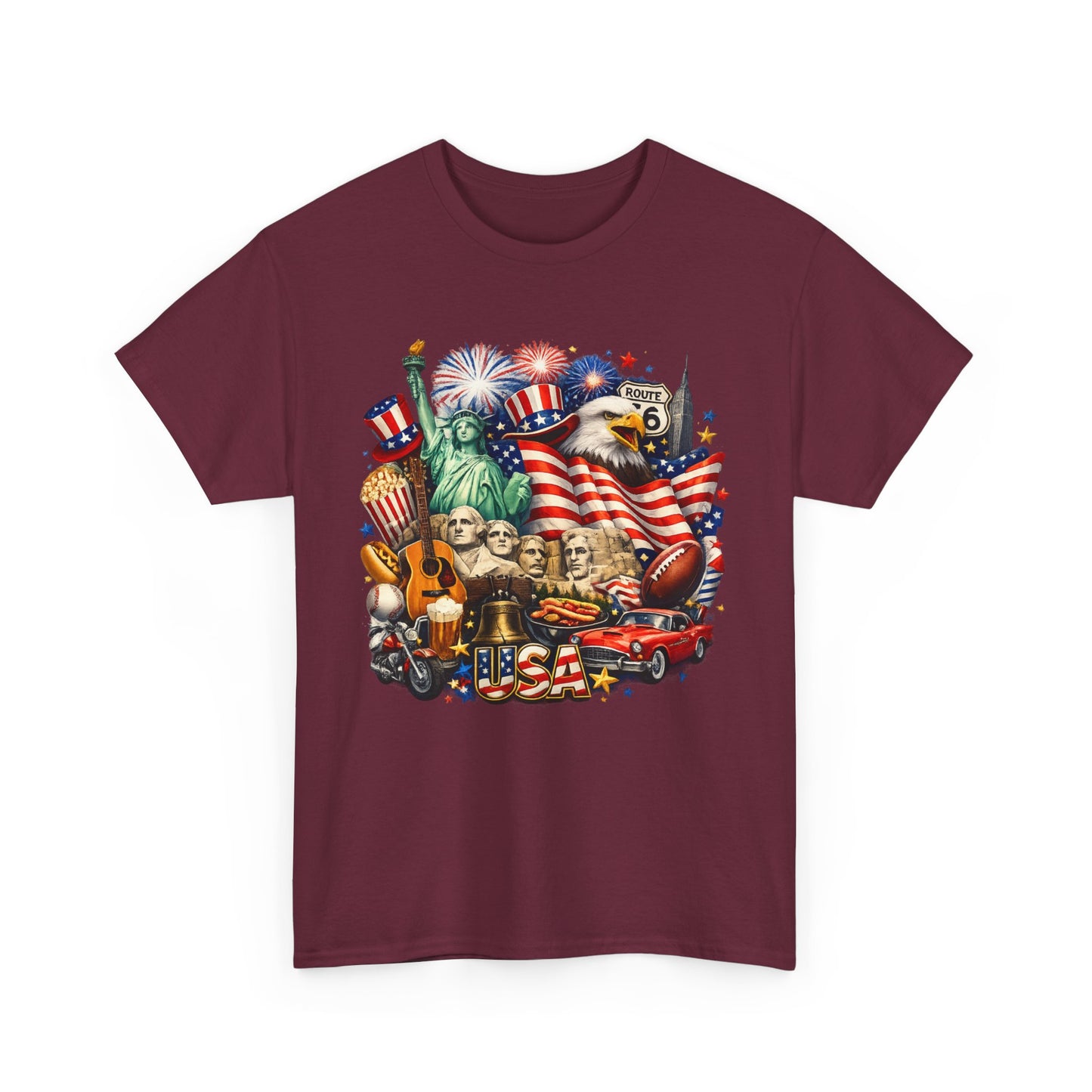 Patriotic USA Graphic Tee – American Flag, Statue of Liberty & Fireworks T-Shirt