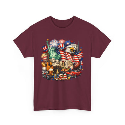 Patriotic USA Graphic Tee – American Flag, Statue of Liberty & Fireworks T-Shirt