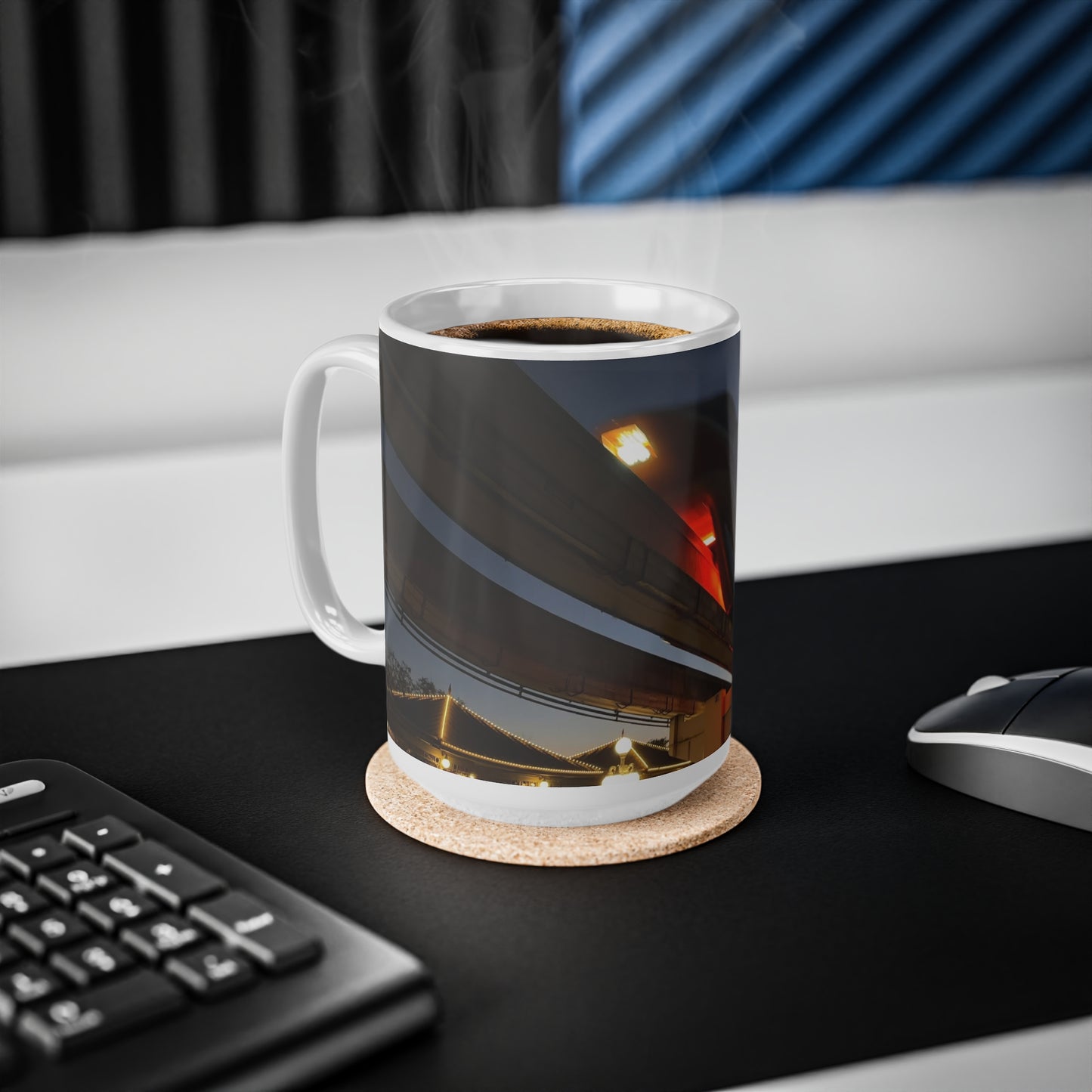 WDW Monorail Nightscape Ceramic Mug — Modern Curved Building Photo (11oz & 15oz)