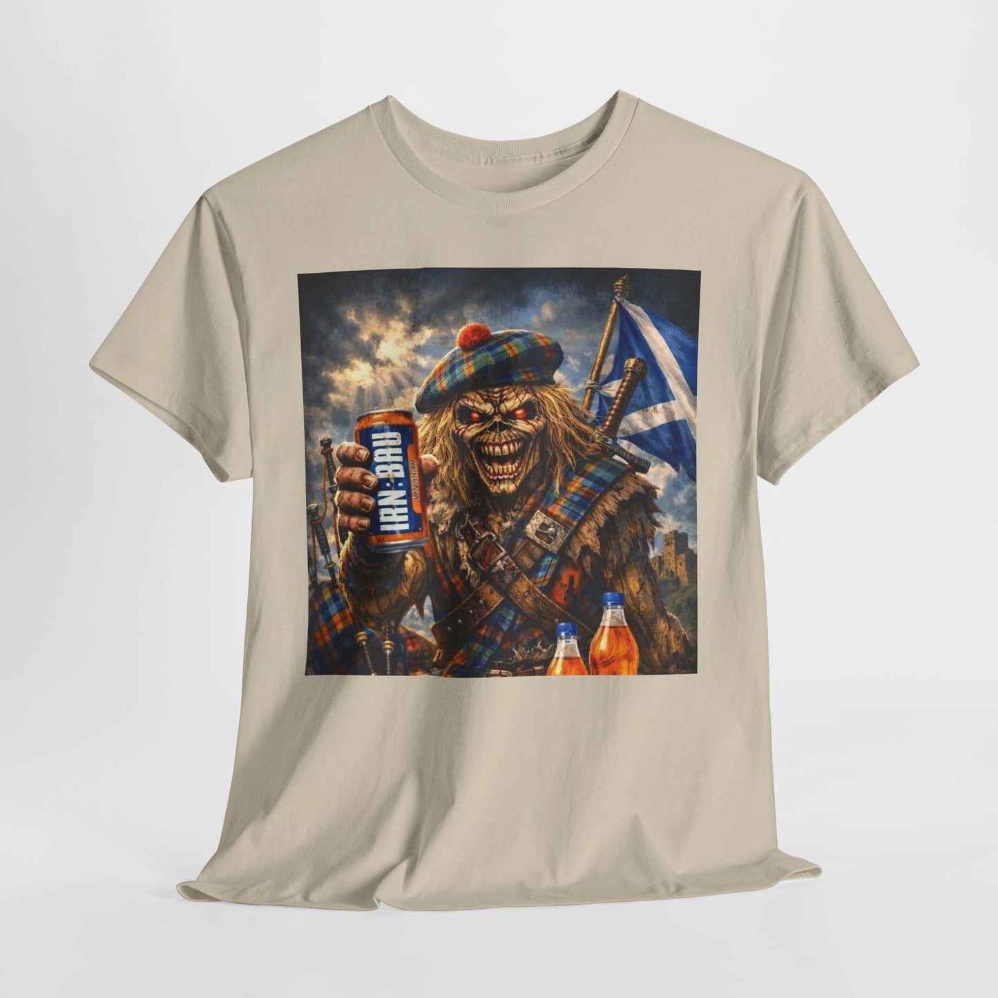 Scottish Rock Skull T‑Shirt — Eddie the Piper with Flag & Can Graphic Tee