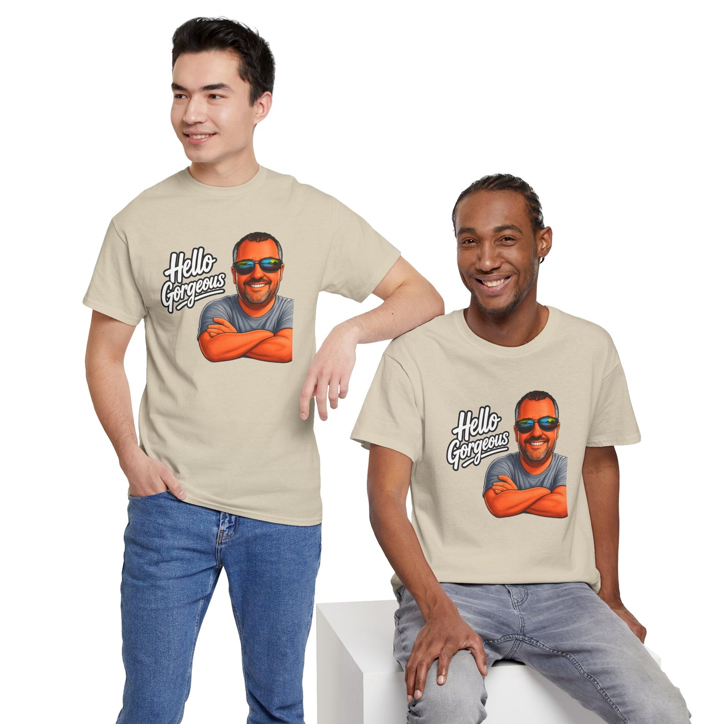 Hello Gorgeous Graphic Tee — Funny Retro Portrait T‑Shirt