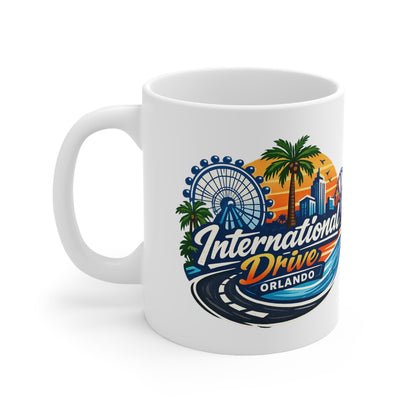 Orlando International Drive Souvenir Mug — 11oz/15oz Ceramic Coffee Cup with Ferris Wheel & Sunset Design