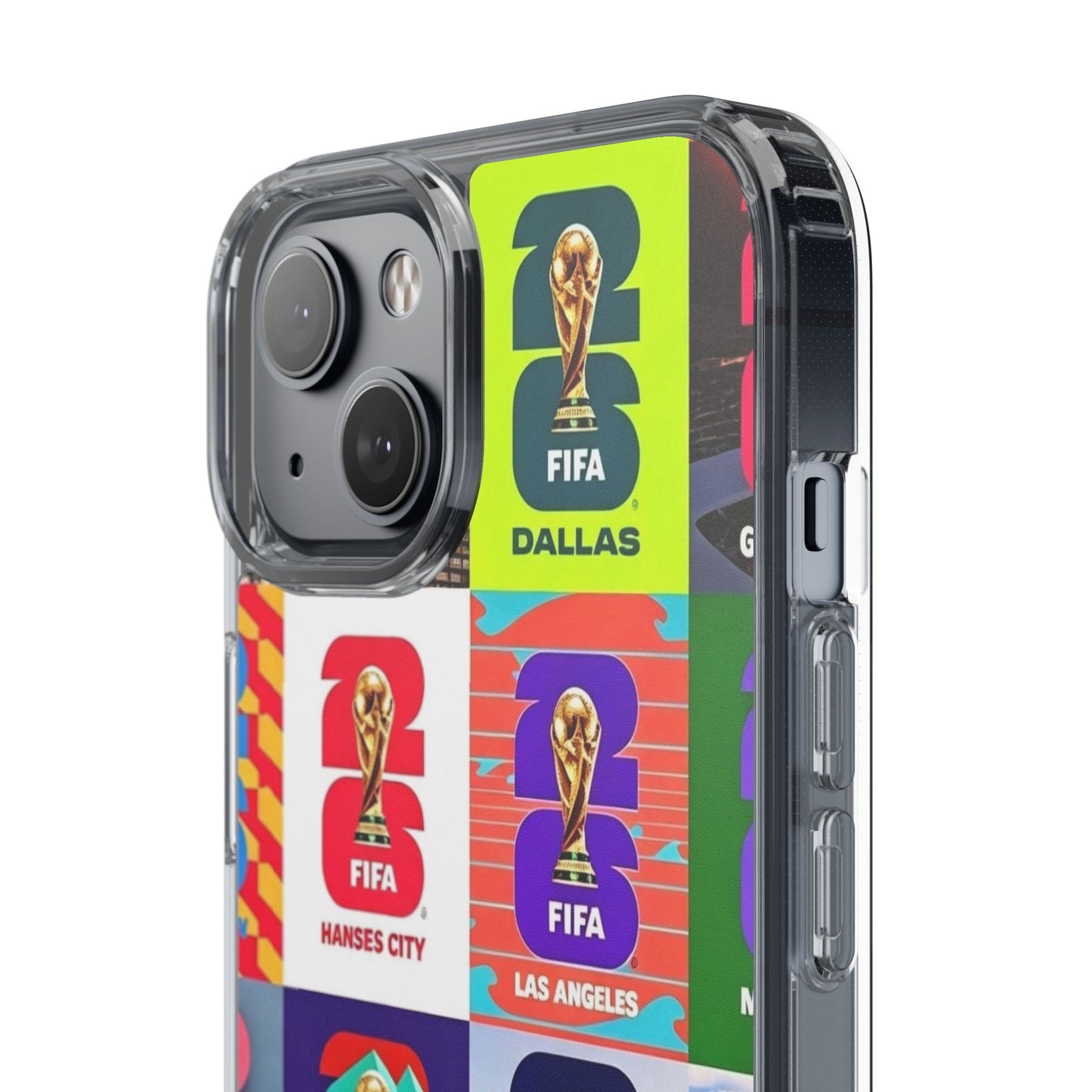 FIFA World Cup Pop Art Clear Phone Case — City Badge Collage (Dallas, LA, Monterrey, Toronto, Seattle)
