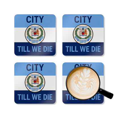 Cork Coaster Set — 'City Till We Die' Football Fan Drink Coasters (Blue Crest Design)