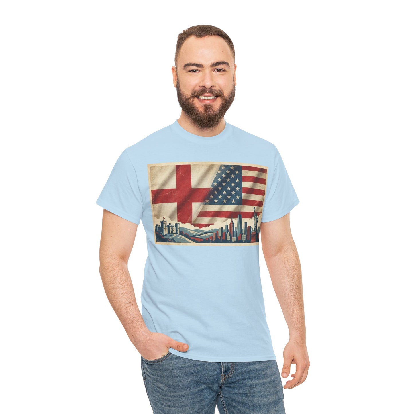 England + USA Flag Skyline T-Shirt — Vintage London & New York City Pride Tee