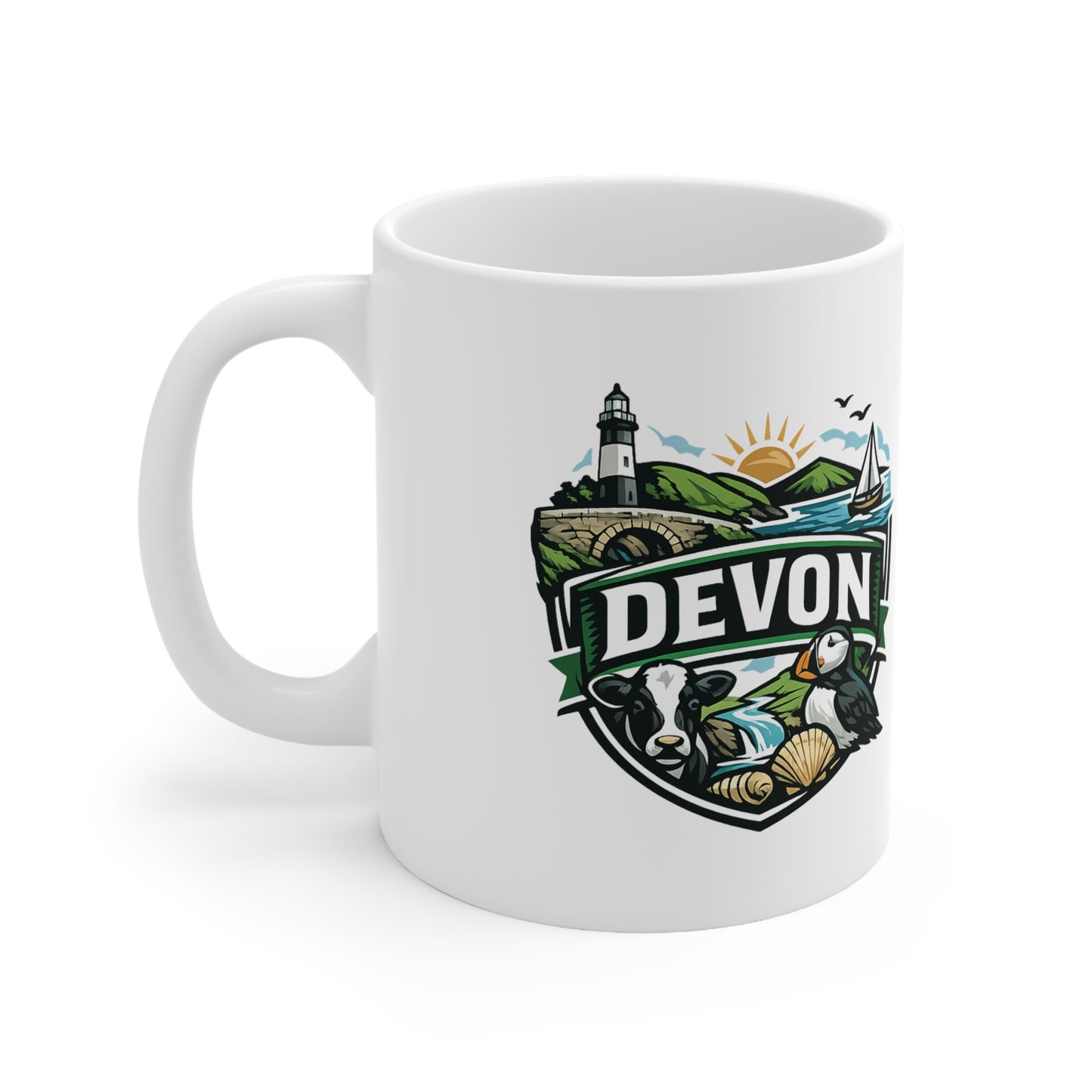 Devon Scenic Mug — Coastal Lighthouse, Puffin & Cow Ceramic Coffee Cup (11oz & 15oz)