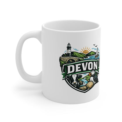 Devon Scenic Mug — Coastal Lighthouse, Puffin & Cow Ceramic Coffee Cup (11oz & 15oz)
