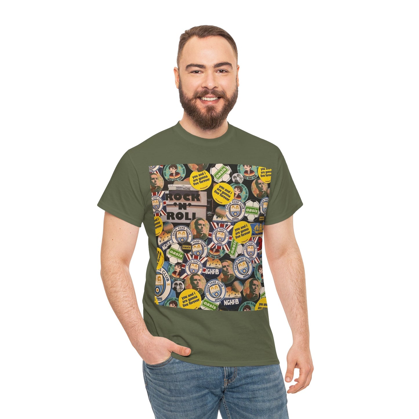 Oasis Rock & Roll Retro Button Collage Tee