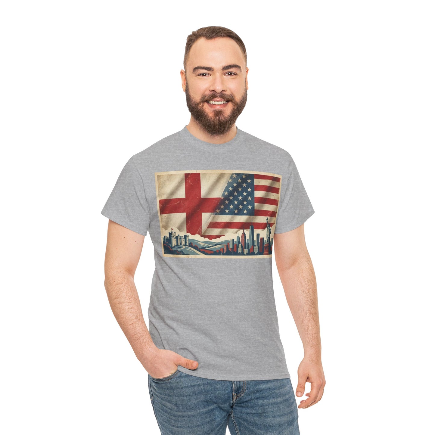 England + USA Flag Skyline T-Shirt — Vintage London & New York City Pride Tee