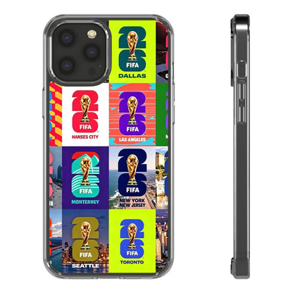 FIFA World Cup Pop Art Clear Phone Case — City Badge Collage (Dallas, LA, Monterrey, Toronto, Seattle)