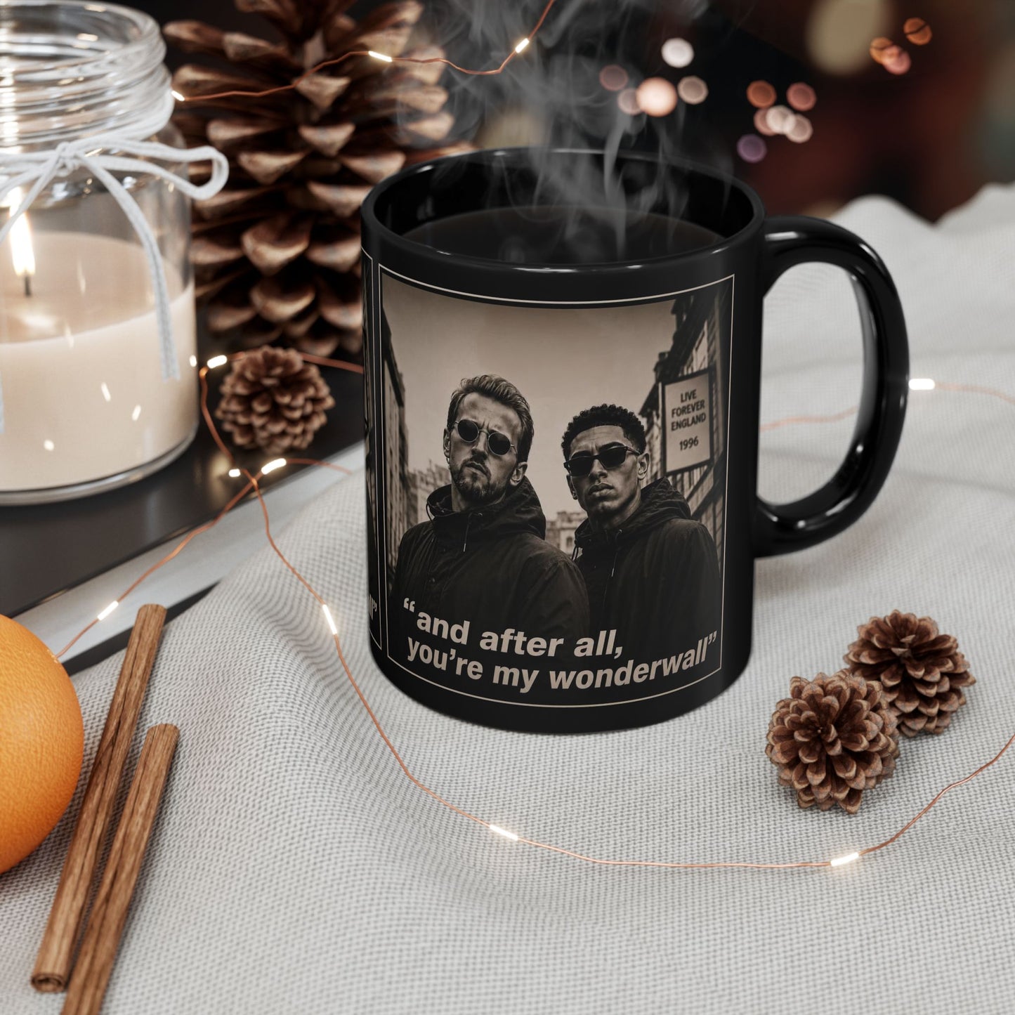 Kane and Bellingham Lyric Photo Black Mug — “and after all, you’re my wonderwall” Band Tribute Coffee Cup