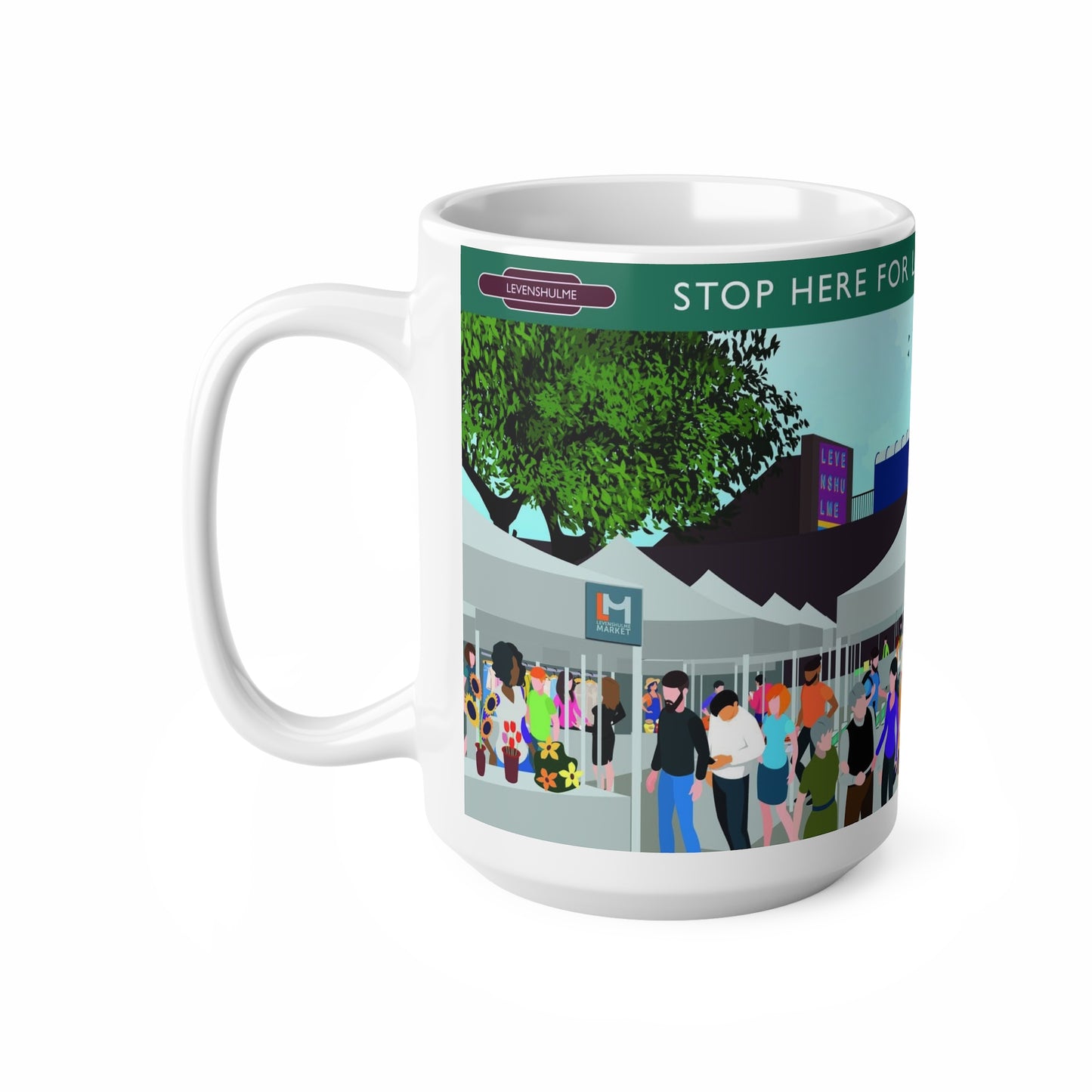 Levenshulme Market Ceramic Coffee Mug – 11oz & 15oz Illustrated Market Scene