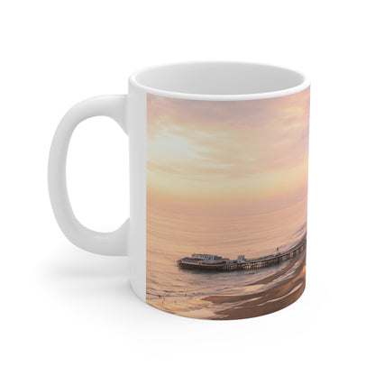 Blackpool Sunset Pier Ceramic Coffee Mug — Coastal Seaside Sunrise Photo, 11oz & 15oz