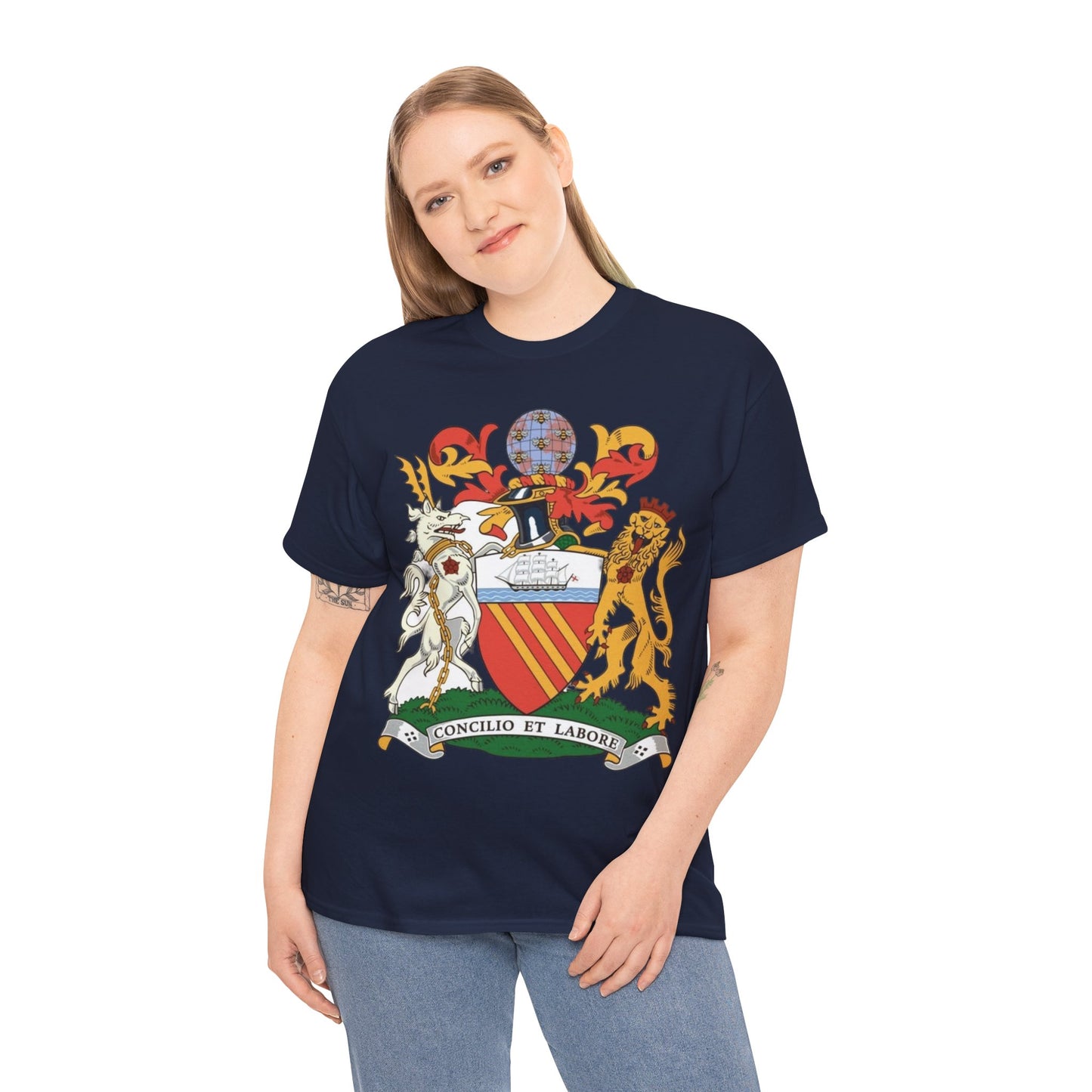 Manchester Coat of Arms Crest T‑Shirt — Heraldic Family Shield Tee with 'Concilio et Labore' Banner