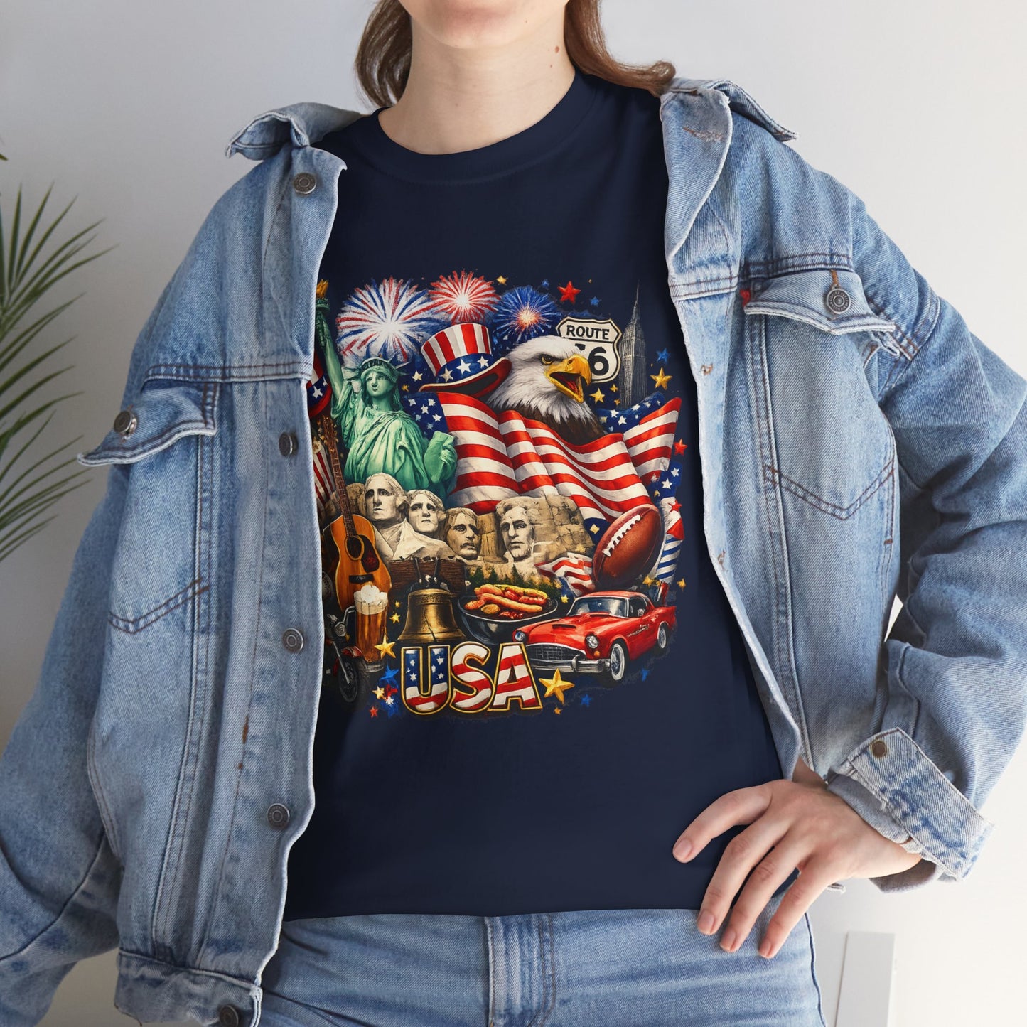 Patriotic USA Graphic Tee – American Flag, Statue of Liberty & Fireworks T-Shirt