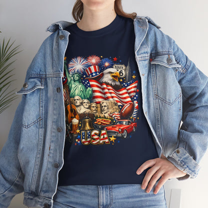Patriotic USA Graphic Tee – American Flag, Statue of Liberty & Fireworks T-Shirt
