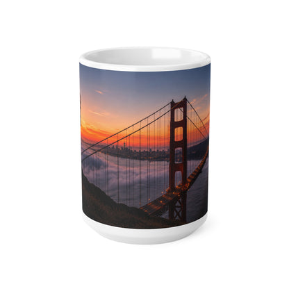 Golden Gate & Flag Sunrise Coffee Mug — San Francisco Sunset Ceramic Cup (11oz/15oz)