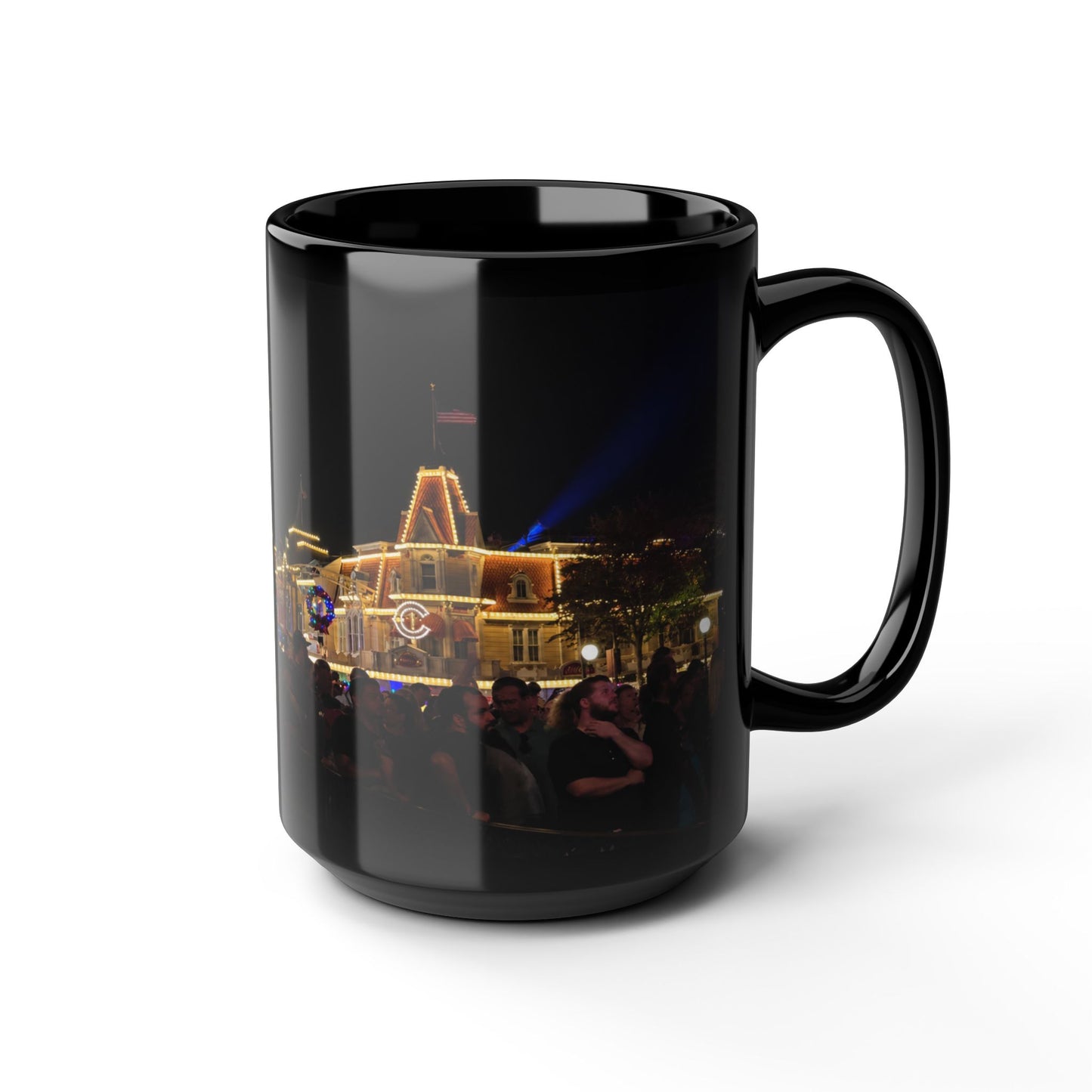 Magic Kingdom Nighttime Theme Park Lights Mug — Scenic Black Coffee Cup