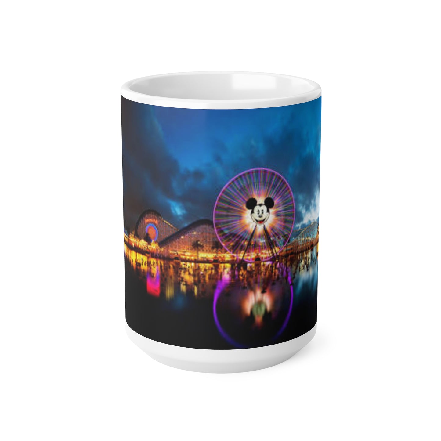 Disneyland Nighttime Theme Park Ferris Wheel Mug — Colorful Reflection Ceramic Coffee Cup (11oz/15oz)