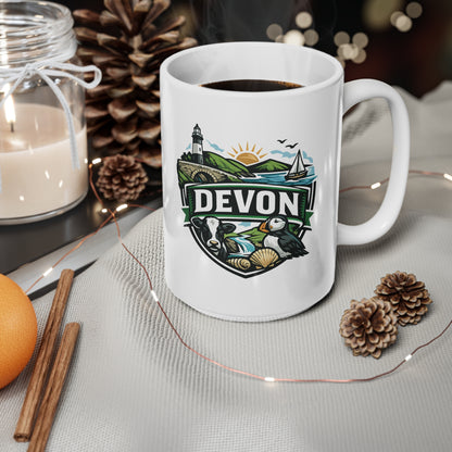 Devon Scenic Mug — Coastal Lighthouse, Puffin & Cow Ceramic Coffee Cup (11oz & 15oz)