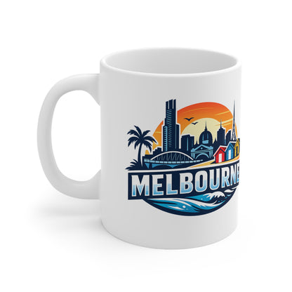 Melbourne Skyline Ceramic Coffee Mug — Retro Beach Cityscape 11oz/15oz