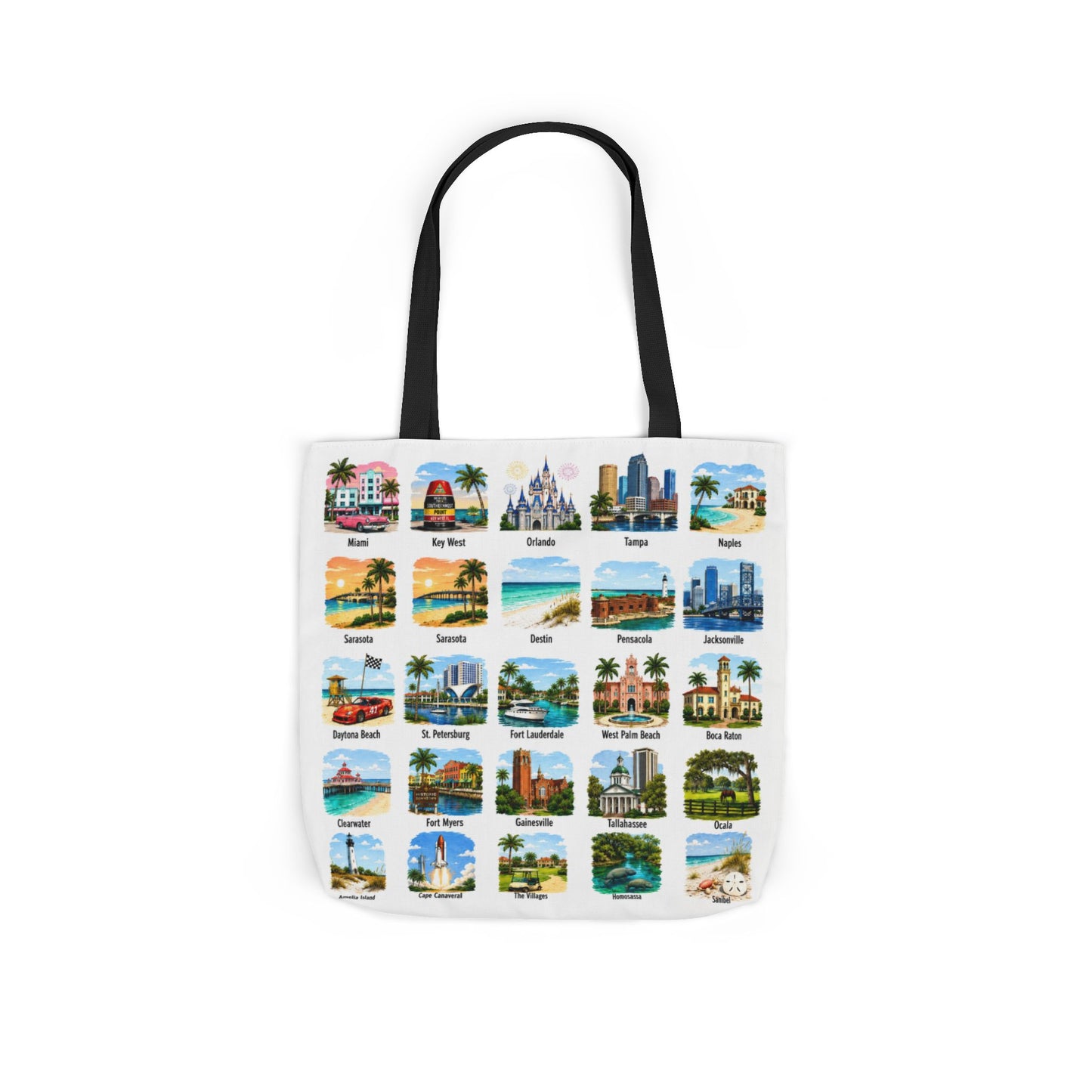 Florida City Landmark Collage Canvas Tote Bag — Vintage Travel Icons Print