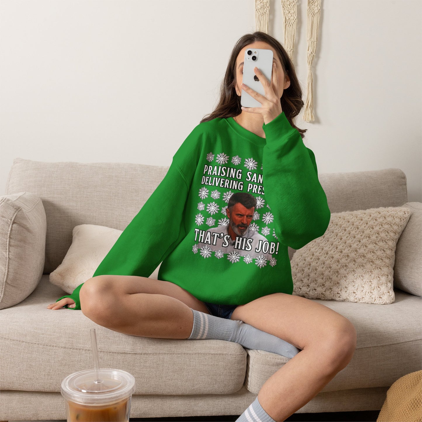 Funny Christmas Sweatshirt - "Praising Santa for Delivering Presents? That's His Job!" Ugly Sweater