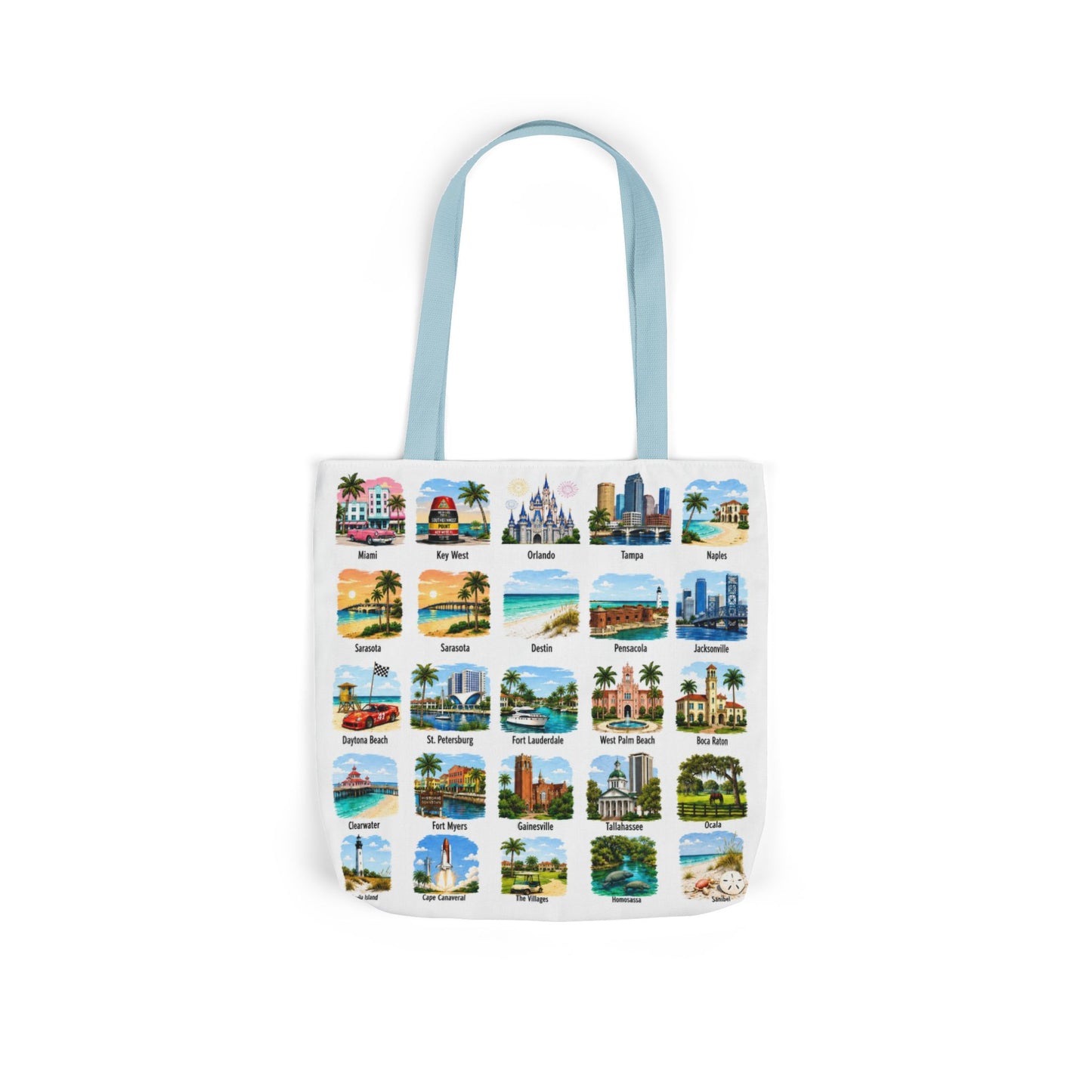 Florida City Landmark Collage Canvas Tote Bag — Vintage Travel Icons Print