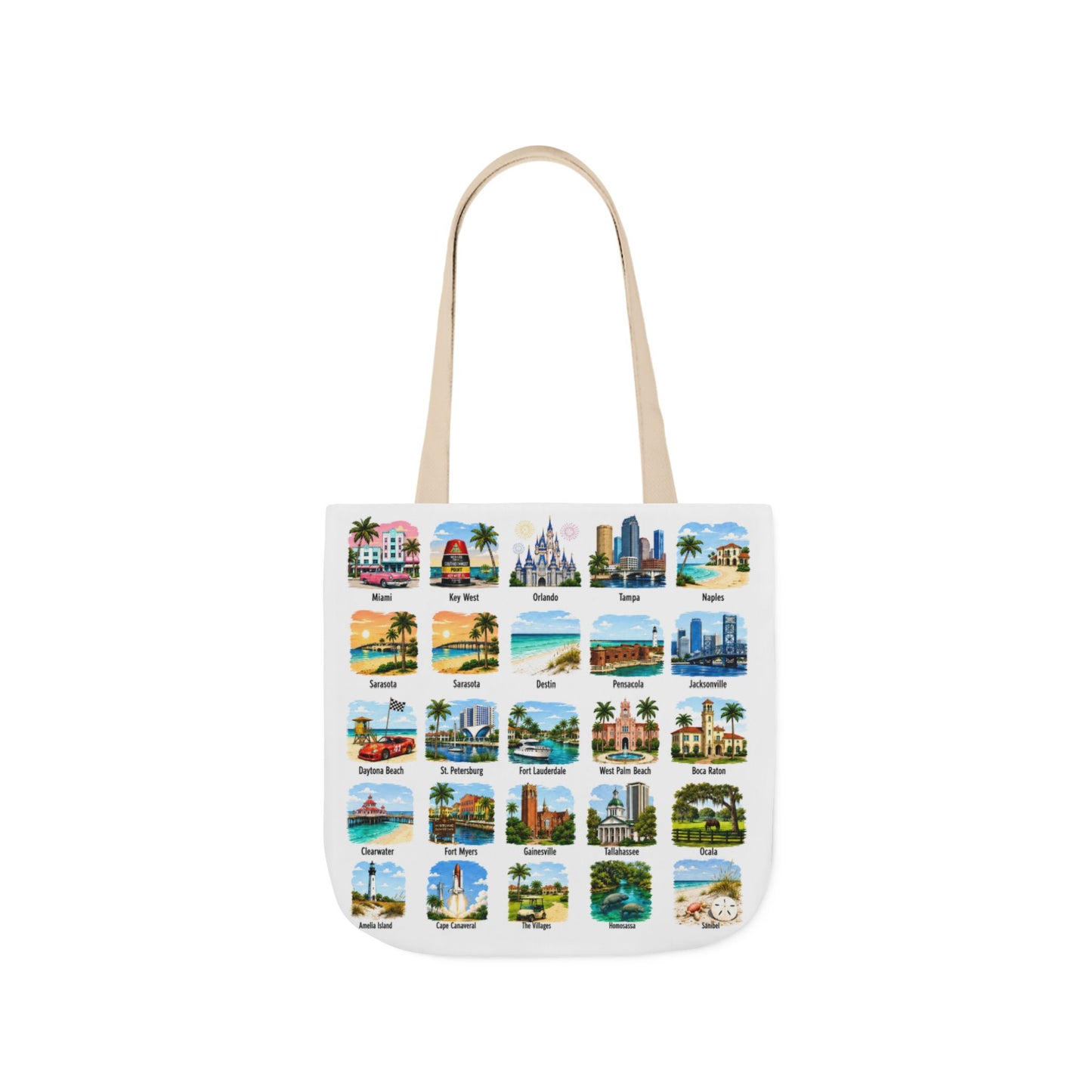 Florida City Landmark Collage Canvas Tote Bag — Vintage Travel Icons Print