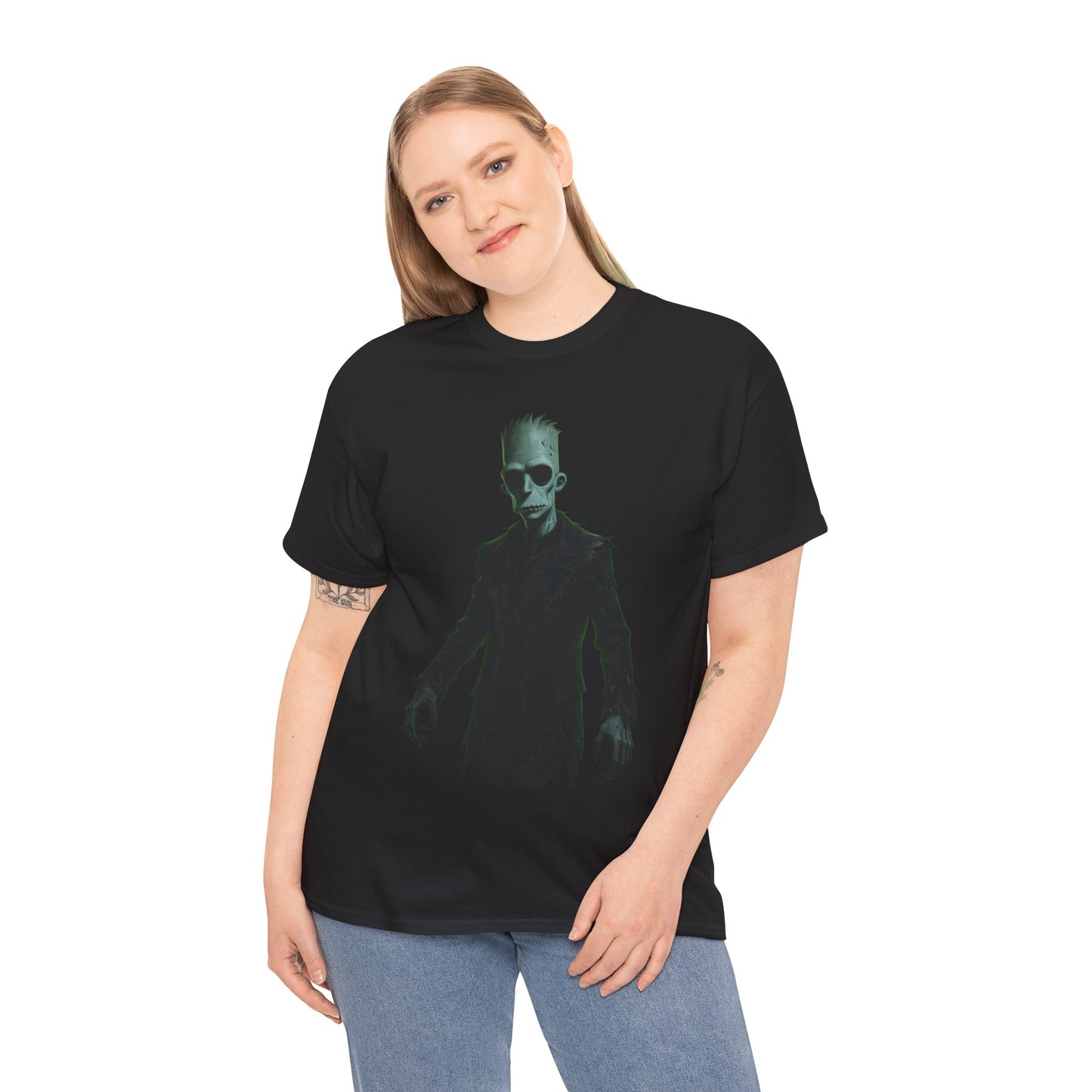 Alien Shadow Graphic Tee — Neon Green Sci‑Fi Skeleton Design