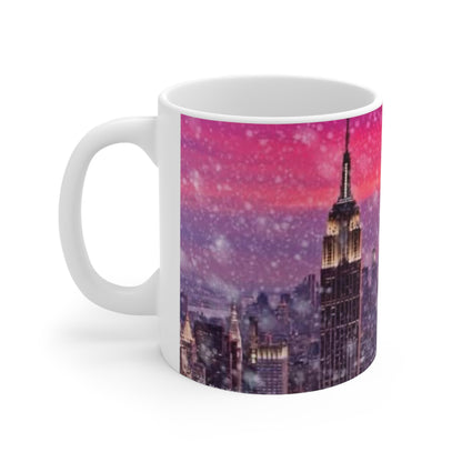 New York City Skyline Mug — Pink Sunset Snowfall Ceramic Coffee Cup (11oz & 15oz)