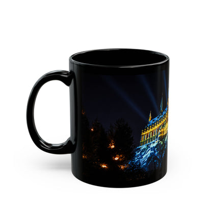 Hogwarts Night Castle Black Coffee Mug – Festive Illuminated Castle Panorama (11oz & 15oz)