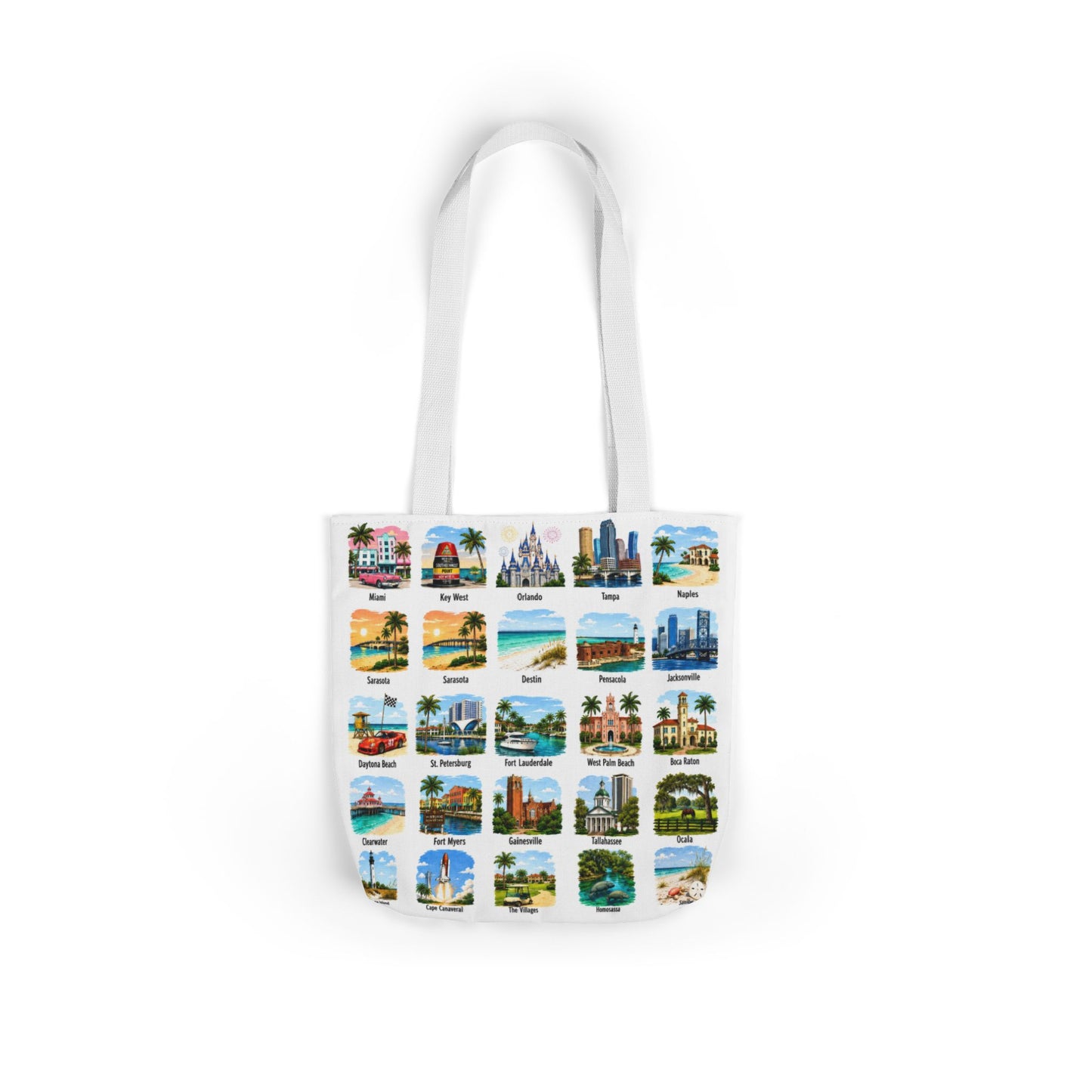 Florida City Landmark Collage Canvas Tote Bag — Vintage Travel Icons Print