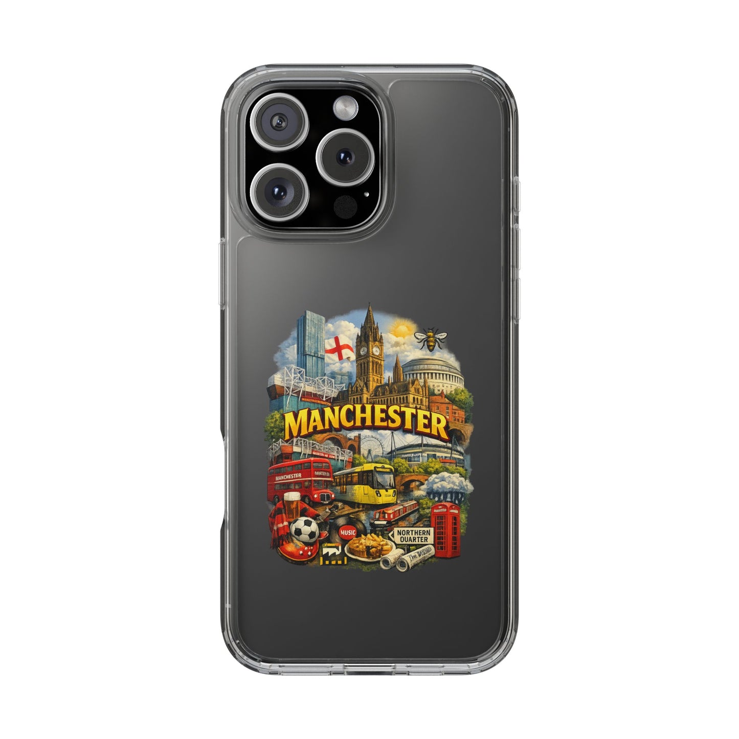 Manchester Landmark Clear Phone Case — Cityscape Collage Design