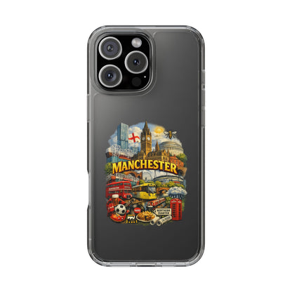 Manchester Landmark Clear Phone Case — Cityscape Collage Design