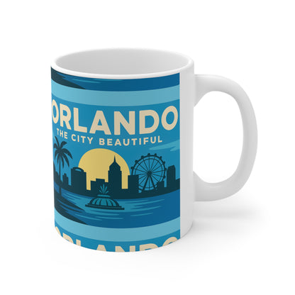 Orlando Retro Blue Skyline Mug — 'Orlando The City Beautiful' Ceramic Coffee Cup (11oz & 15oz)
