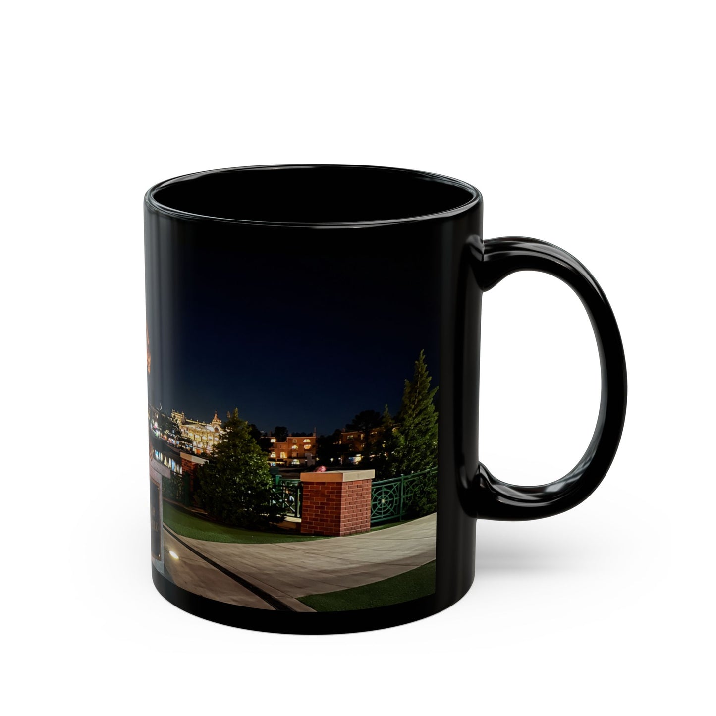 The Simpsons Photo Mug — University Statue & Campus Lights (Black 11oz/15oz)