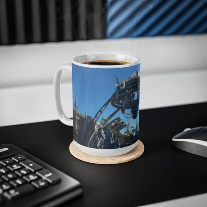 Tomorrowland Sign Photo Ceramic Mug — Vintage Carnival Sky Coffee Cup (11oz/15oz)
