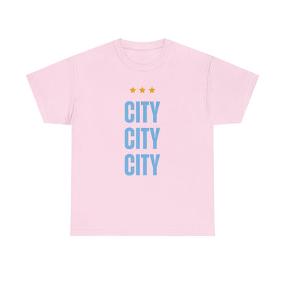 Manchester City City City Tee — Minimal Skyline Graphic T‑Shirt with Three Stars