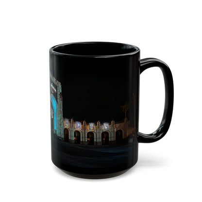 Universal HHN Black Ceramic Mug — Nighttime Theme Park Arch Photo (11oz & 15oz)