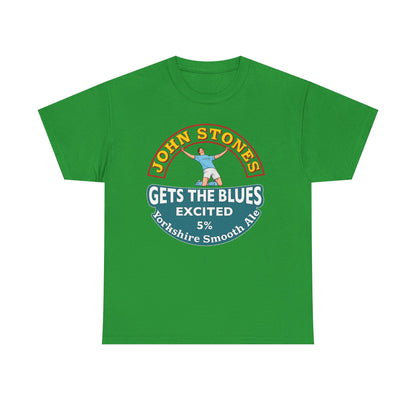 John Stones T-Shirt — "Gets The Blues Excited" Retro Ale Parody Tee