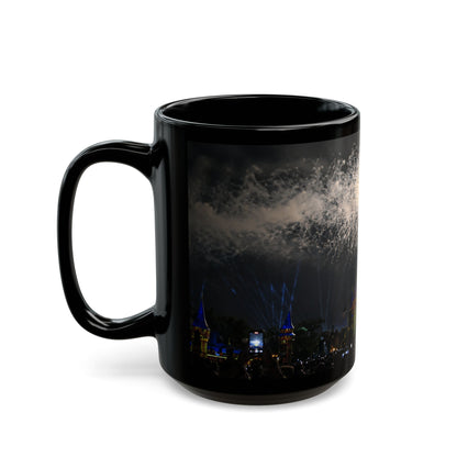 Fireworks MK Castle Black Mug — Nighttime Theme Park Coffee Cup (11oz/15oz)