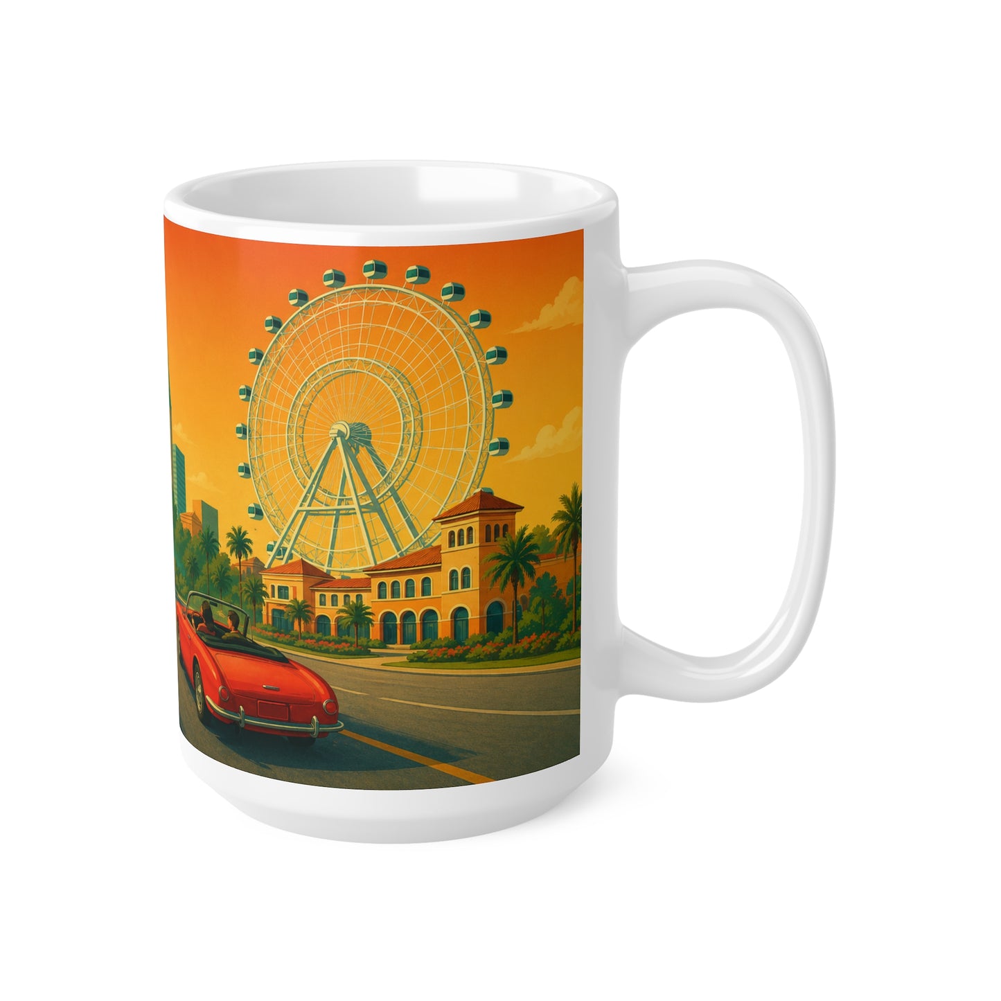 Universal Orlando Vintage AI Sunset Mug — Retro Palm Tree Travel Coffee Cup (11oz, 15oz)