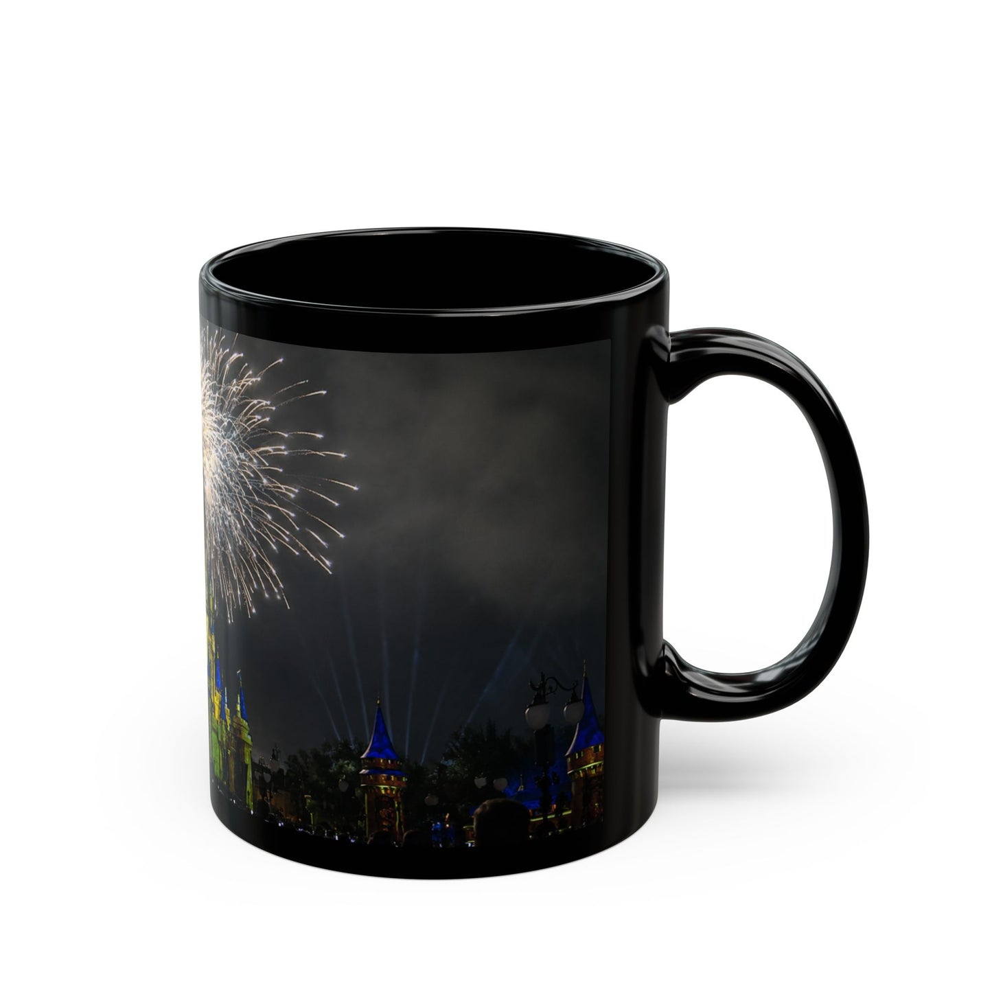 Fireworks MK Castle Black Mug — Nighttime Theme Park Coffee Cup (11oz/15oz)