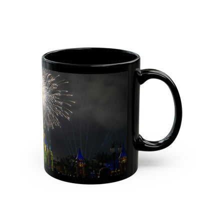 Fireworks MK Castle Black Mug — Nighttime Theme Park Coffee Cup (11oz/15oz)
