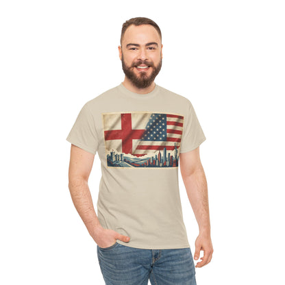 England + USA Flag Skyline T-Shirt — Vintage London & New York City Pride Tee