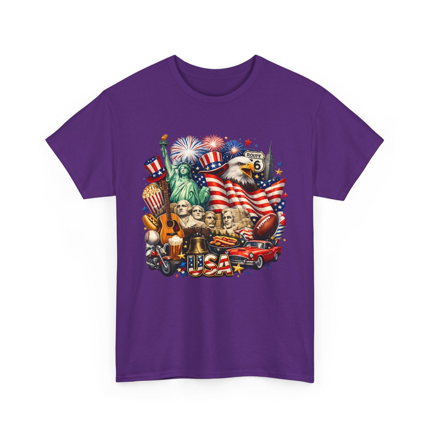 Patriotic USA Graphic Tee – American Flag, Statue of Liberty & Fireworks T-Shirt