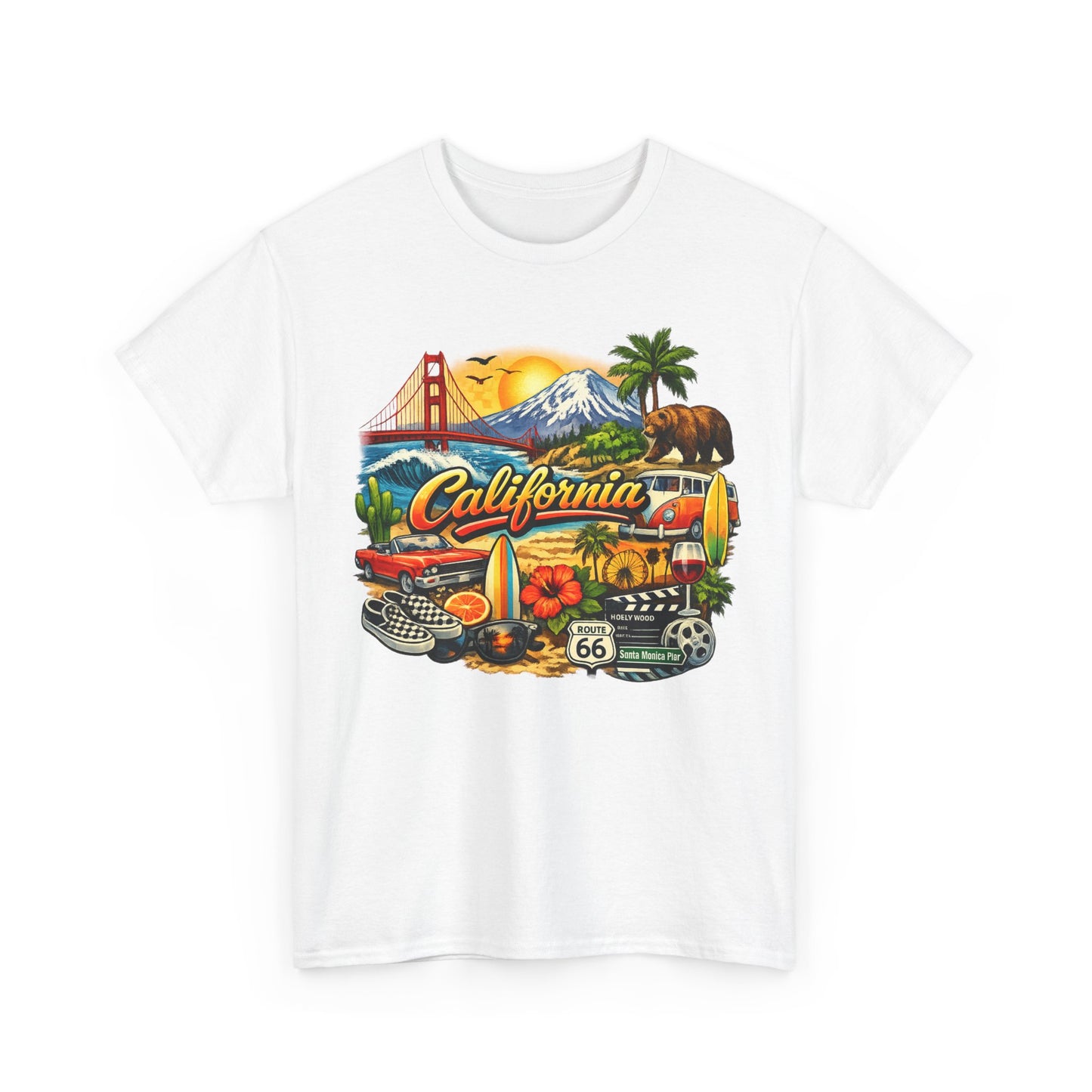 California Vintage Travel T-Shirt — Golden Gate, Palm Trees & Route 66 Tee