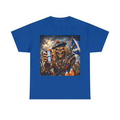 Scottish Rock Skull T‑Shirt — Eddie the Piper with Flag & Can Graphic Tee
